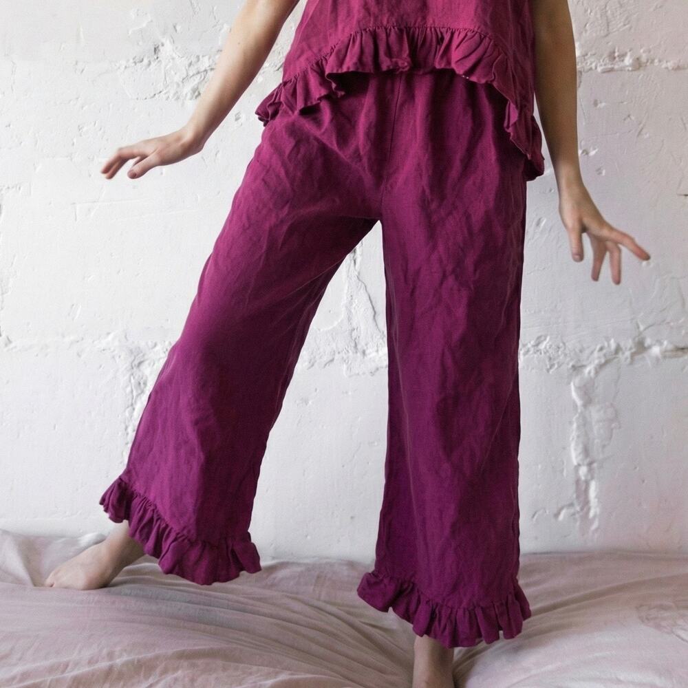 Len Ok Linen Culottes Lagenlook Ruffle Waist Wide Leg Trousers Pants Size L